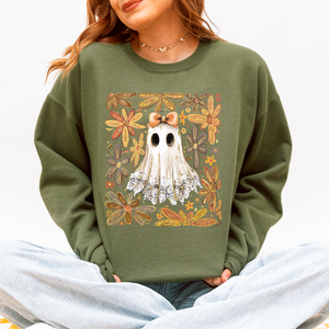 Beautiful Halloween Flowers Coquette Ghost Cozy Night Garden Illustration Sweatshirt — view 6