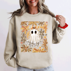 Beautiful Halloween Flowers Coquette Ghost Cozy Night Garden Illustration Sweatshirt — view 3