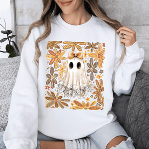 Beautiful Halloween Flowers Coquette Ghost Cozy Night Garden Illustration Sweatshirt — view 9