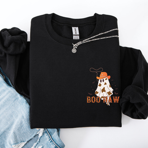 Boo Haw Cowboy Western Halloween Spirit Cozy Fall Favorite For Autumn Nights And Spooky Season Wear Pocket Sweatshirt — view 3