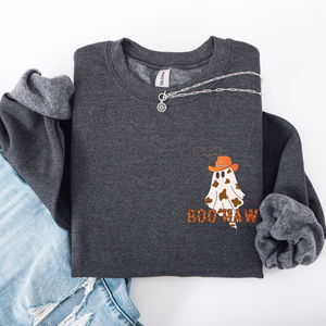 Boo Haw Cowboy Western Halloween Spirit Cozy Fall Favorite For Autumn Nights And Spooky Season Wear Pocket Sweatshirt — view 4