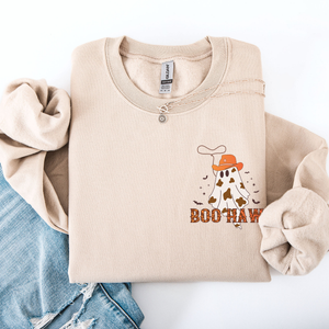 Boo Haw Cowboy Western Halloween Spirit Cozy Fall Favorite For Autumn Nights And Spooky Season Wear Pocket Sweatshirt — view 1