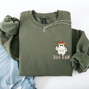 Boo Haw Lasso Cowboy Western Halloween Spirit Of The Wild Frontier Classic Western Quote Pocket Sweatshirt — view 7