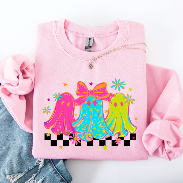 Bright And Colorful Retro Halloween Ghosts Checkered Cozy Vintage-Inspired Graphic Sweatshirt