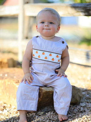 Fall Halloween & Thanksgiving  Pumpkin Smock Embroidered Boys Romper — view 5