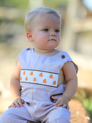 Fall Halloween & Thanksgiving  Pumpkin Smock Embroidered Boys Romper — view 3
