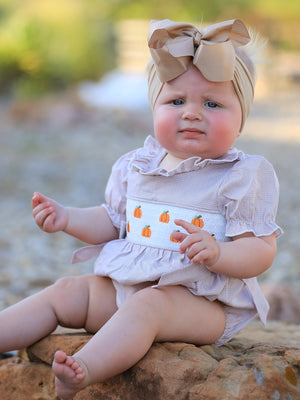 Fall Halloween & Thanksgiving Pumpkin Embroidery Smock Plaid Baby Girl Romper — view 2