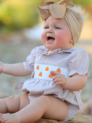 Fall Halloween & Thanksgiving Pumpkin Embroidery Smock Plaid Baby Girl Romper — view 3