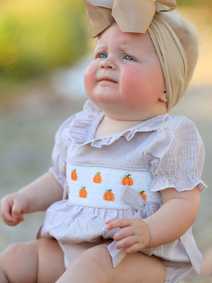 Fall Halloween & Thanksgiving Pumpkin Embroidery Smock Plaid Baby Girl Romper — view 1