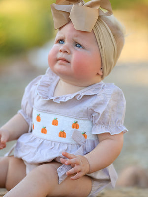 Fall Halloween & Thanksgiving Pumpkin Embroidery Smock Plaid Baby Girl Romper — view 4