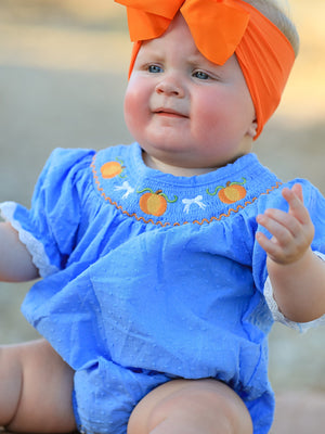 Halloween Thanksgiving Pumpkin Smocked Bubble Romper — view 2
