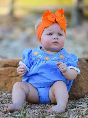 Halloween Thanksgiving Pumpkin Smocked Bubble Romper — view 1
