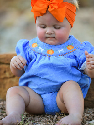 Halloween Thanksgiving Pumpkin Smocked Bubble Romper — view 3