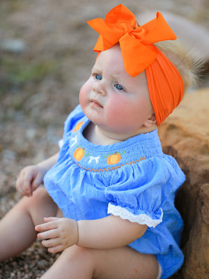 Halloween Thanksgiving Pumpkin Smocked Bubble Romper — view 4