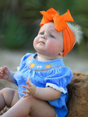 Halloween Thanksgiving Pumpkin Smocked Bubble Romper — view 5