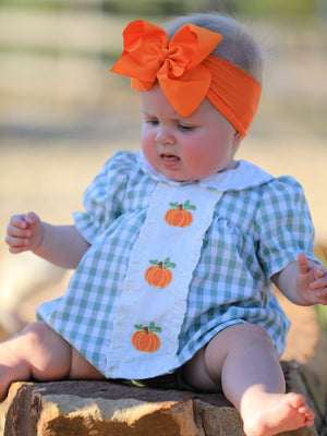 Fall Halloween & Thanksgiving Applique Plaid Girls Bloomers Romper Set — view 3
