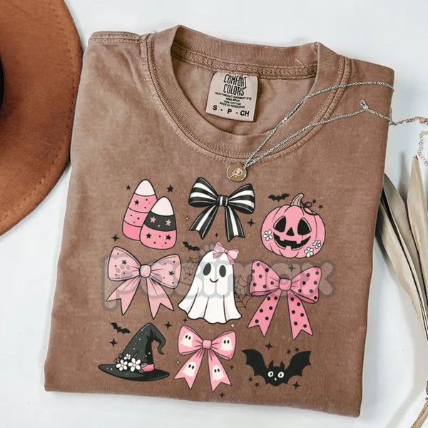 Comfort Colors® Pink Girly Bows Halloween Tee – Cute Ghost Shirt, Coquette Spooky Fall Shirt, Vintage Halloween Gift