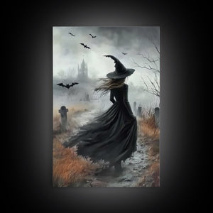 Gothic Oil Painting Print Of a Witch in a Grave Yard, Framed Canvas Print, Dark Academia, Gothic Art, Goth Decor, Halloween Wall Art — view 10