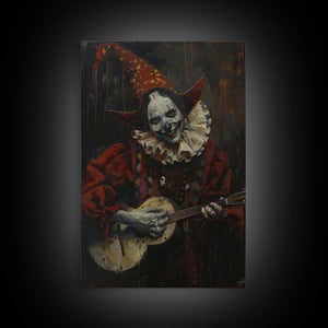 Creepy Clown Playing Guitar, Framed Canvas Print, Spooky Circus Art, Halloween Wall Decor, Horror Clown Illustration, Creepy Home Decor — view 10