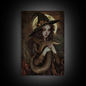 Witch Holding Snake under Full Moon - Dark Forest Sorcery Gothic Art Framed Canvas Print, Halloween Witchy Decor — view 10