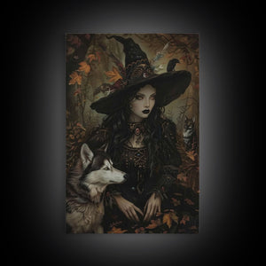 Witch with Wolves in Enchanted Forest - Dark Sorcery Mystical Art Framed Canvas Print, Halloween Gothic Decor — view 10