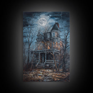 Abandoned House Under Moon Full Halloween Art, Spooky Mansion, Haunted Home, Creepy Decor, Gothic Artwork, Framed Canvas Print — view 10