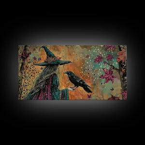 The Witch and The Raven Familiar, Framed Canvas Print, Halloween Gift, Halloween Props, Halloween Wall Art — view 10