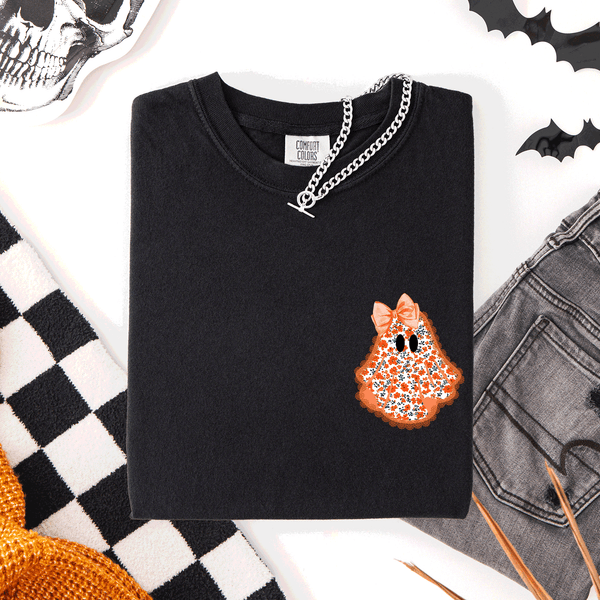 Cute Coquette Faux Lace Ghost Pocket Halloween Edition Vintage Charm Comfort Colors Tee