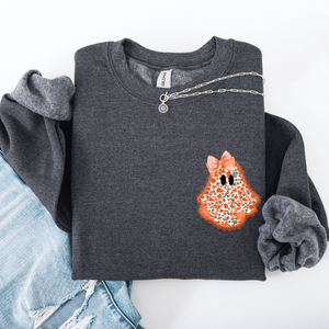 Cute Coquette Faux Lace Ghost Halloween Inspired Vintage Charm Graphic Boho Cozy Pocket Sweatshirt — view 6
