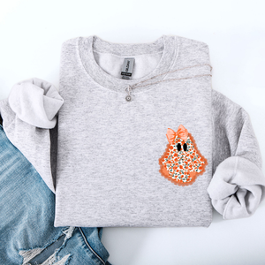 Cute Coquette Faux Lace Ghost Halloween Inspired Vintage Charm Graphic Boho Cozy Pocket Sweatshirt — view 4