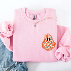 Cute Coquette Faux Lace Ghost Halloween Inspired Vintage Charm Graphic Boho Cozy Pocket Sweatshirt — view 7