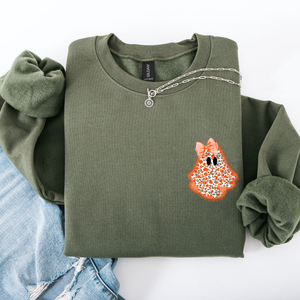Cute Coquette Faux Lace Ghost Halloween Inspired Vintage Charm Graphic Boho Cozy Pocket Sweatshirt — view 8