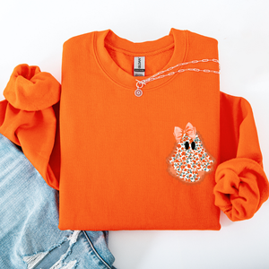 Cute Coquette Faux Lace Ghost Halloween Inspired Vintage Charm Graphic Boho Cozy Pocket Sweatshirt — view 9