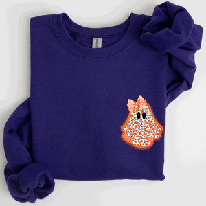 Cute Coquette Faux Lace Ghost Halloween Inspired Vintage Charm Graphic Boho Cozy Pocket Sweatshirt — view 10