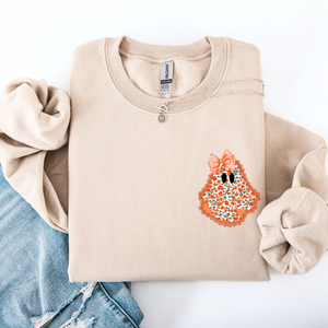 Cute Coquette Faux Lace Ghost Halloween Inspired Vintage Charm Graphic Boho Cozy Pocket Sweatshirt — view 2