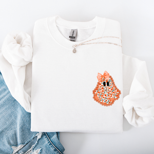 Cute Coquette Faux Lace Ghost Halloween Inspired Vintage Charm Graphic Boho Cozy Pocket Sweatshirt — view 1