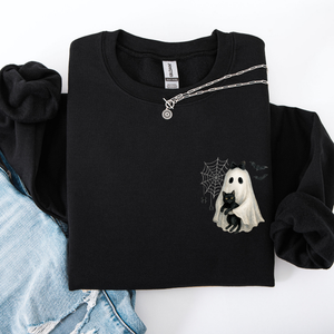 Cute Ghost, Black Cat, Halloween, Coquette Vintage Gothic Seasonal Pocket Sweatshirt — view 6