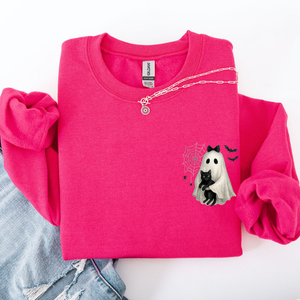 Cute Ghost, Black Cat, Halloween, Coquette Vintage Gothic Seasonal Pocket Sweatshirt — view 7