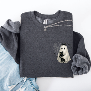 Cute Ghost, Black Cat, Halloween, Coquette Vintage Gothic Seasonal Pocket Sweatshirt — view 3