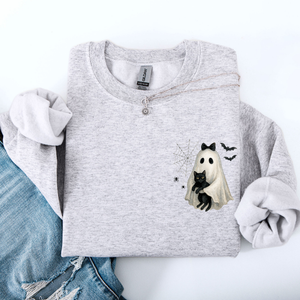 Cute Ghost, Black Cat, Halloween, Coquette Vintage Gothic Seasonal Pocket Sweatshirt — view 4