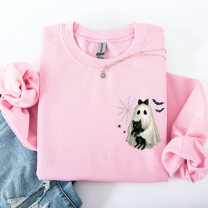 Cute Ghost, Black Cat, Halloween, Coquette Vintage Gothic Seasonal Pocket Sweatshirt — view 5