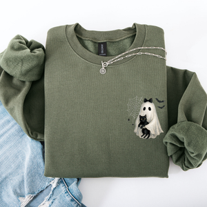 Cute Ghost, Black Cat, Halloween, Coquette Vintage Gothic Seasonal Pocket Sweatshirt — view 2
