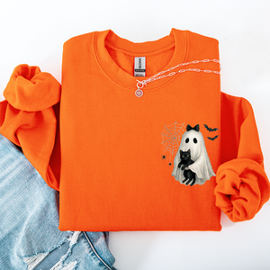 Cute Ghost, Black Cat, Halloween, Coquette Vintage Gothic Seasonal Pocket Sweatshirt — view 8