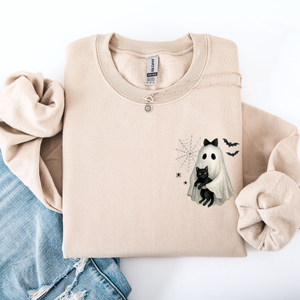Cute Ghost, Black Cat, Halloween, Coquette Vintage Gothic Seasonal Pocket Sweatshirt — view 1