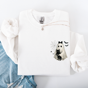Cute Ghost, Black Cat, Halloween, Coquette Vintage Gothic Seasonal Pocket Sweatshirt — view 10