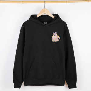 Cute Ghost Coquette Ribbon Faux Glitter Halloween Vintage Inspired Cozy Nighttime Charm Pocket Hoodie — view 4