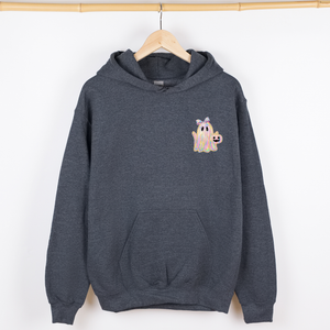 Cute Ghost Coquette Ribbon Faux Glitter Halloween Vintage Inspired Cozy Nighttime Charm Pocket Hoodie — view 2