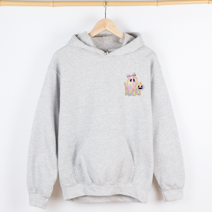 Cute Ghost Coquette Ribbon Faux Glitter Halloween Vintage Inspired Cozy Nighttime Charm Pocket Hoodie — view 3