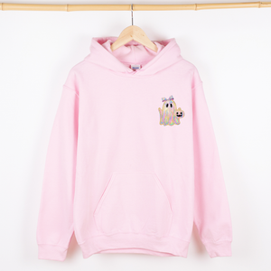 Cute Ghost Coquette Ribbon Faux Glitter Halloween Vintage Inspired Cozy Nighttime Charm Pocket Hoodie — view 1