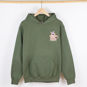 Cute Ghost Coquette Ribbon Faux Glitter Halloween Vintage Inspired Cozy Nighttime Charm Pocket Hoodie — view 6